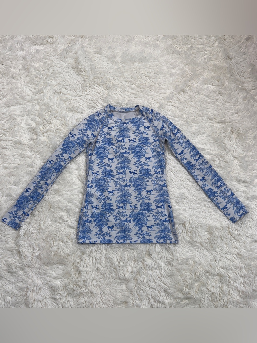 Women’s Small Blue/White Horse Pattern Long Sleeve Horseback Riding Sunshirt